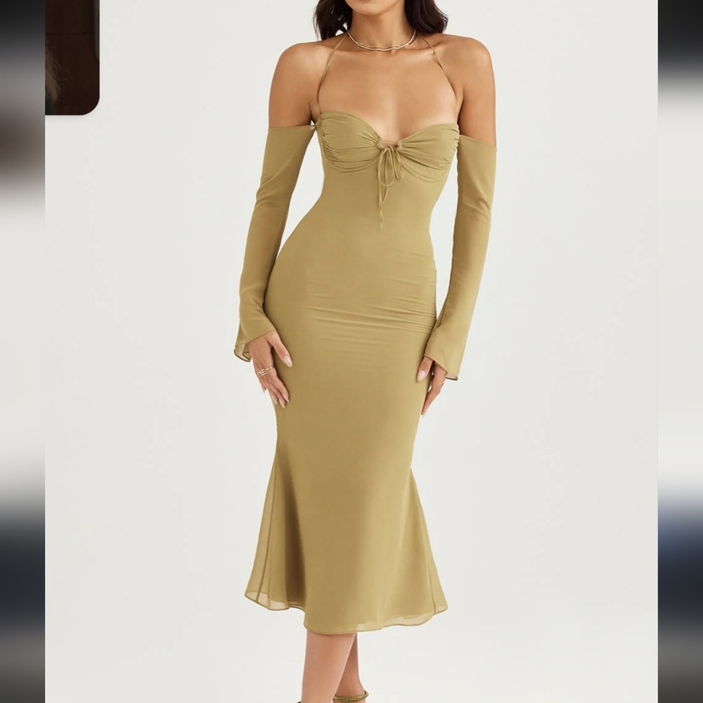 House Of Cb Naomi Elegant Olive Green Midi Dress Halter Large - Picture 1 of 9